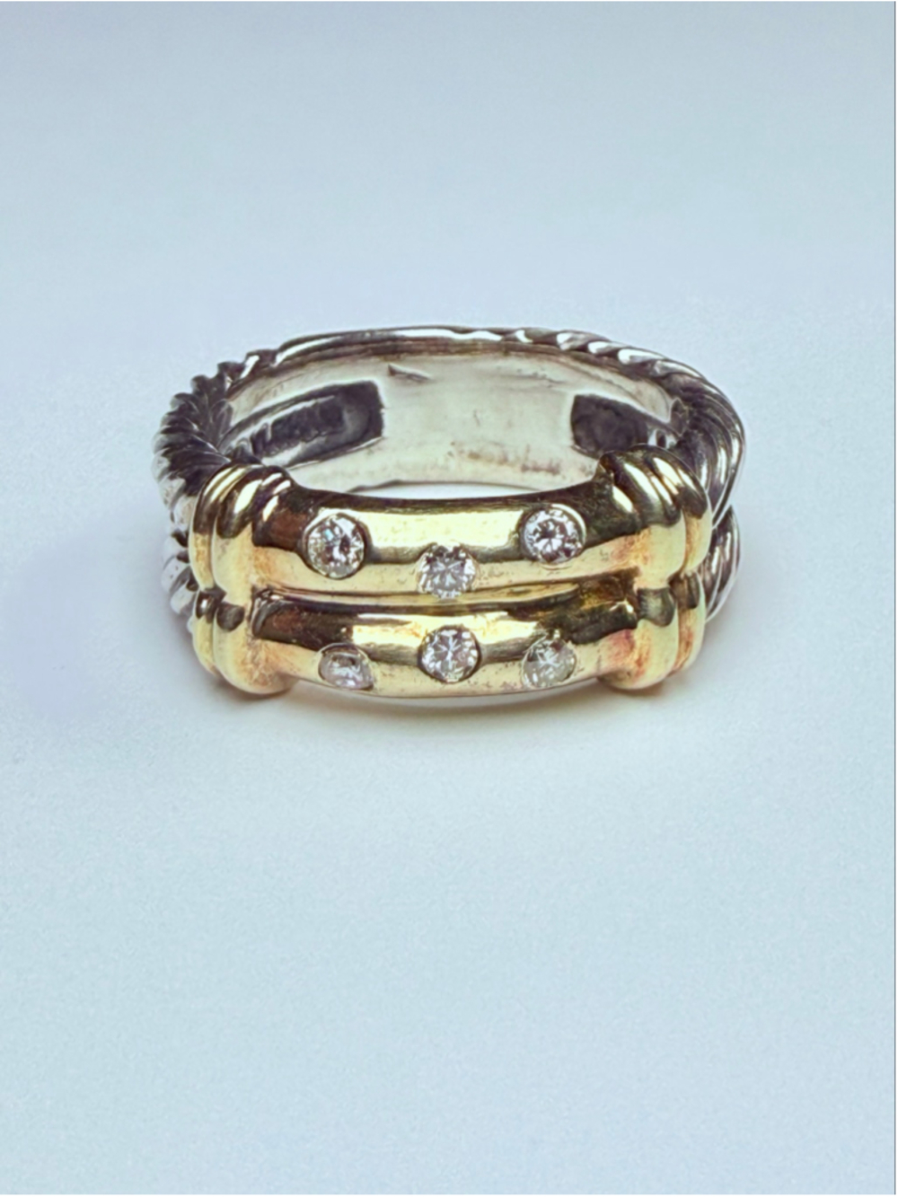 14K Gold David Yurman Genuine Diamond Metro Two Tone 925 Sterling Silver Ring